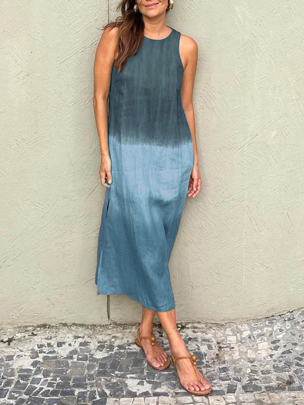EB | Luftiges Leinenkleid Aus Baumwolle mit Farbverlauf und Schlitz Am Bein