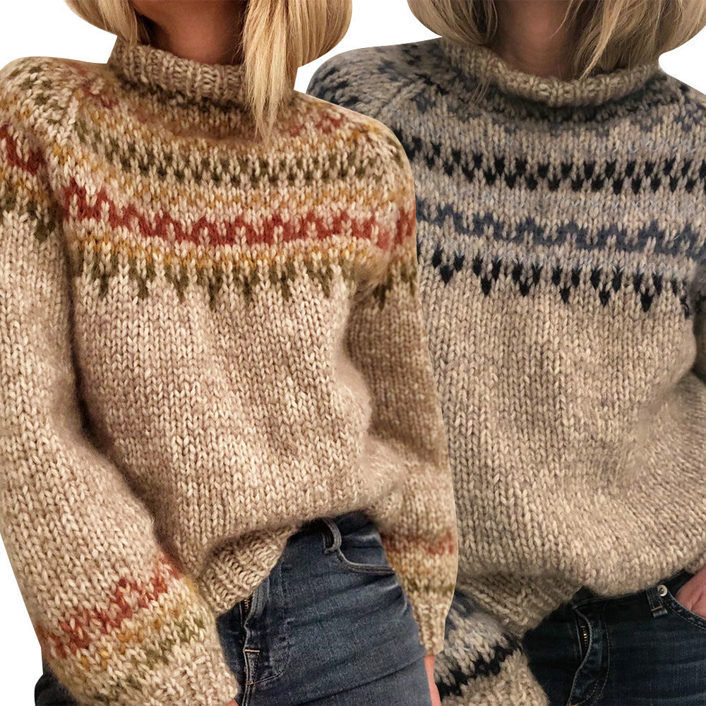 Damen Grober Strickpullover mit hohem Kragen und einzigartigem Muster EB