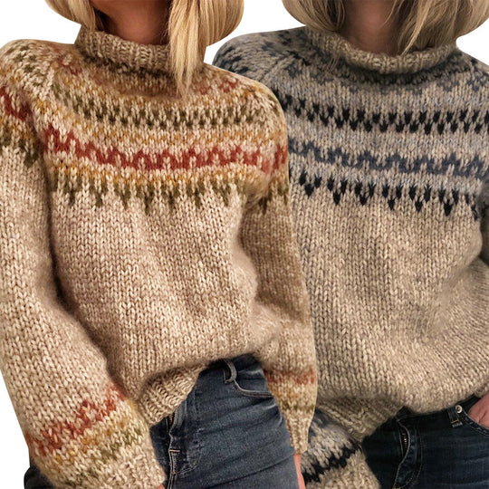 Damen Grober Strickpullover mit hohem Kragen und einzigartigem Muster EB
