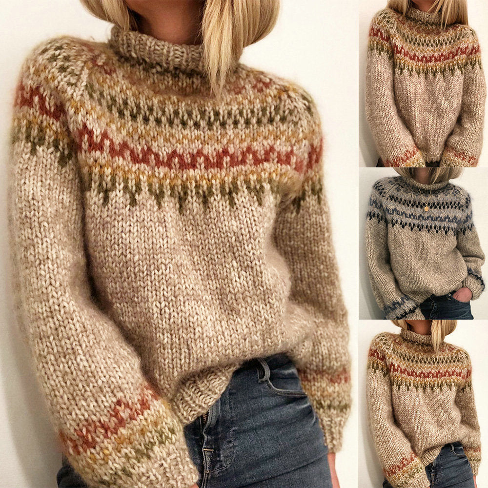 Damen Grober Strickpullover mit hohem Kragen und einzigartigem Muster EB