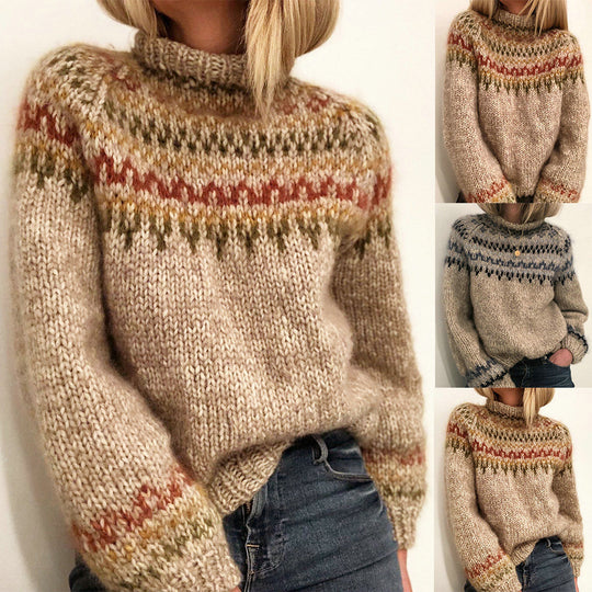 Damen Grober Strickpullover mit hohem Kragen und einzigartigem Muster EB