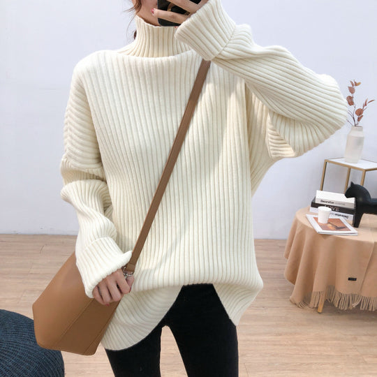 Damen Grobstrickpullover mit hohem Kragen und feiner Rippstruktur EB