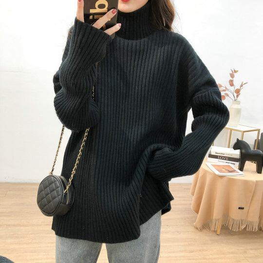 Damen Grobstrickpullover mit hohem Kragen und feiner Rippstruktur EB