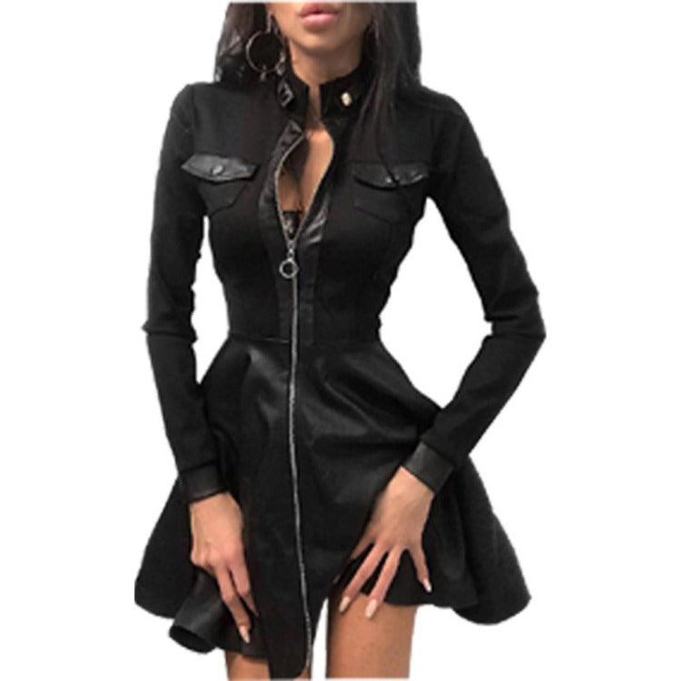 Damen nan tailliertes Mini-Kleid mit Hahnentritt-Oberteil, Kunstleder-Rock, Stehkragen und durchgehendem Reißverschluss EB