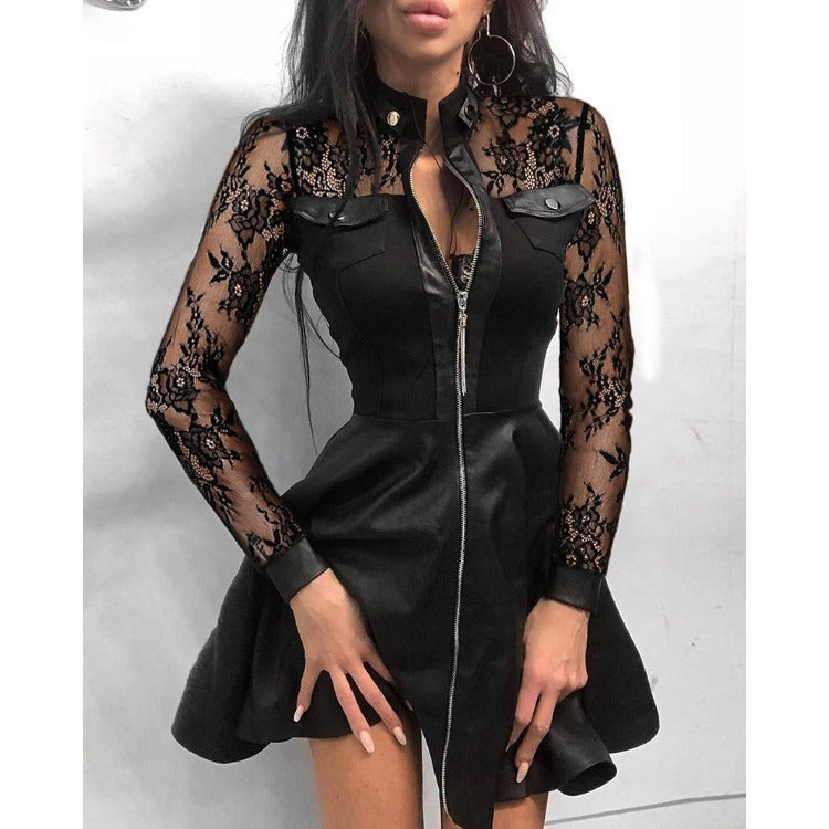 Damen nan tailliertes Mini-Kleid mit Hahnentritt-Oberteil, Kunstleder-Rock, Stehkragen und durchgehendem Reißverschluss EB