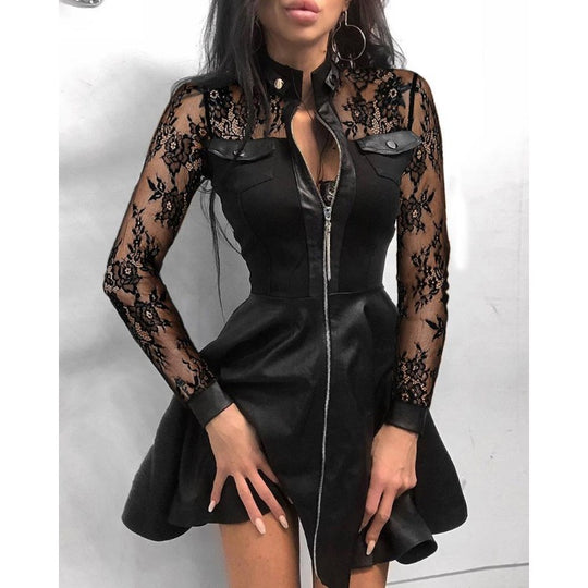 Damen nan tailliertes Mini-Kleid mit Hahnentritt-Oberteil, Kunstleder-Rock, Stehkragen und durchgehendem Reißverschluss EB