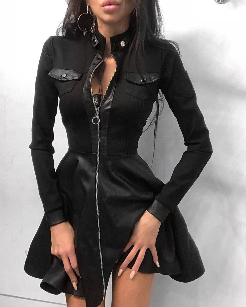Damen nan tailliertes Mini-Kleid mit Hahnentritt-Oberteil, Kunstleder-Rock, Stehkragen und durchgehendem Reißverschluss EB