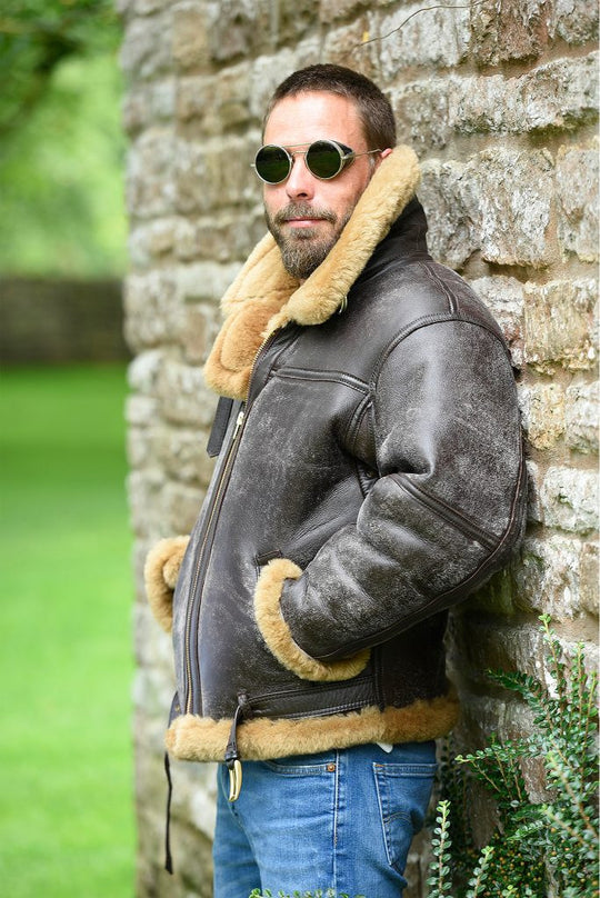 Herren Lammfelljacke mit luxuriösem Kunstfellkragen und wärmendem Innenfutter EB