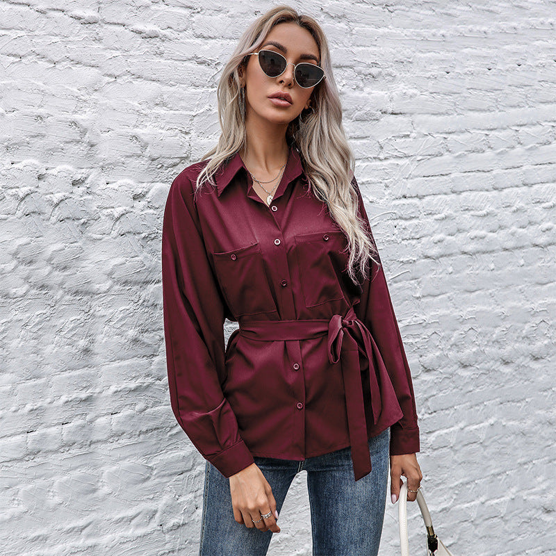 Damen Elegantes Hemdblusenshirt mit Taillengürtel und hochwertigem Satin Material EB