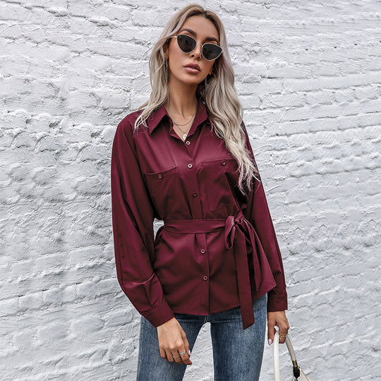 Damen Elegantes Hemdblusenshirt mit Taillengürtel und hochwertigem Satin Material EB