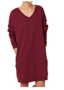 Damen Sweatshirt-Kleid mit V-Ausschnitt und praktischem Taschen-Design EB