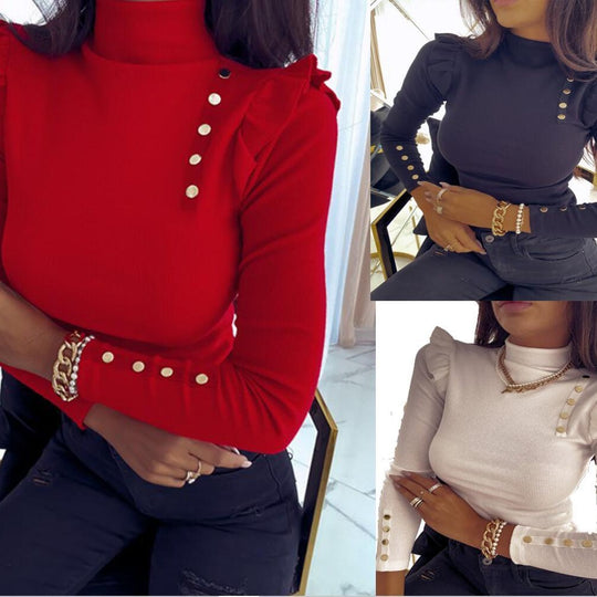 Damen Rippstrick Longsleeve mit Stehkragen, Schultervolant und Zierknöpfen EB
