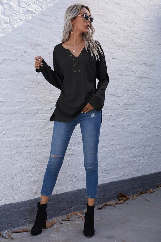 Damen lässiges Longsleeve Oberteil mit dekorativem Ausschnitt und praktischer Brusttasche EB
