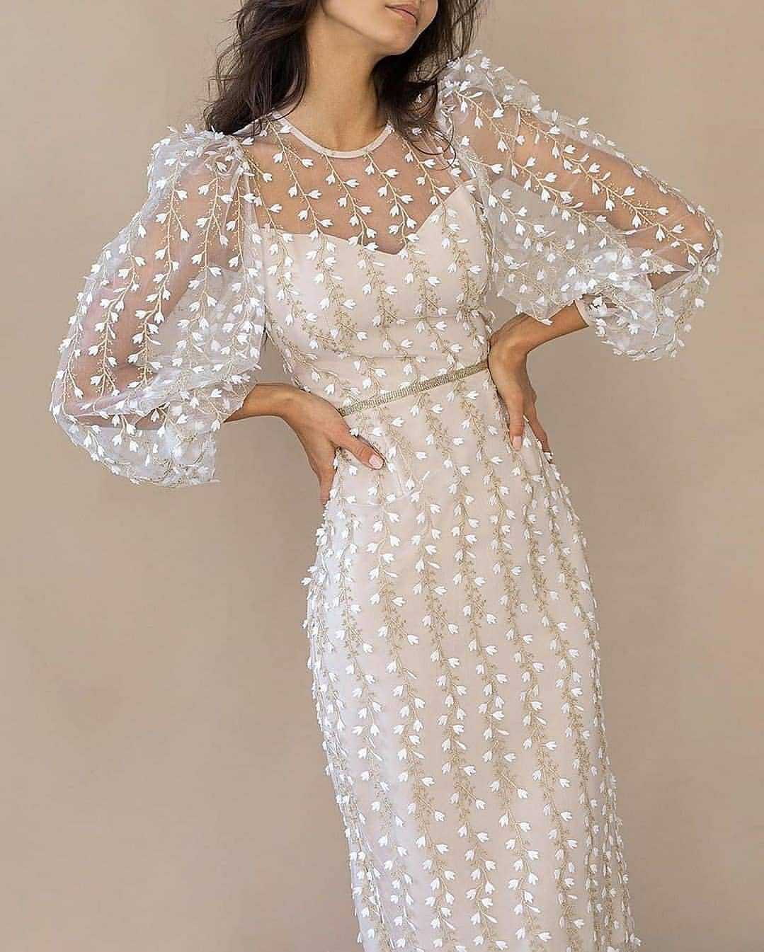 Damen Kleid mit transparenten Puffärmeln und floralem Stickdesign EB