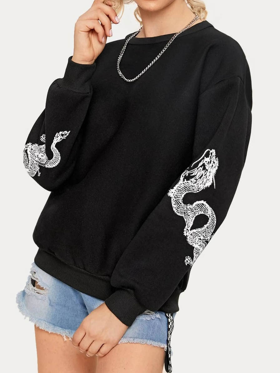 Damen Oversize Sweatshirt mit Drachenprint an Ärmeln und Rundhalsausschnitt EB