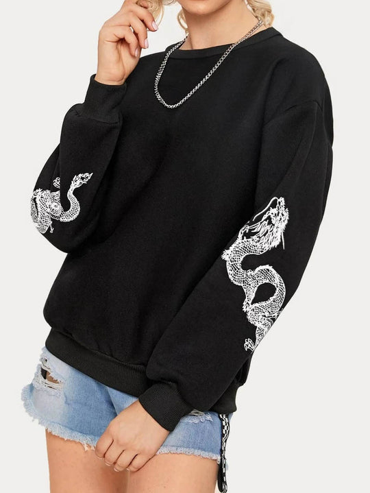 Damen Oversize Sweatshirt mit Drachenprint an Ärmeln und Rundhalsausschnitt EB