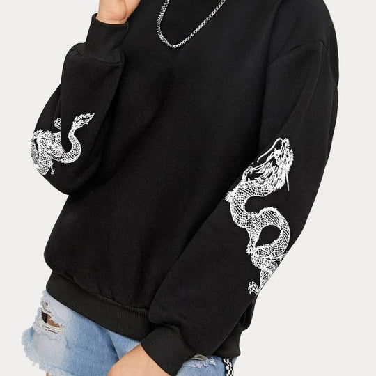 Damen Oversize Sweatshirt mit Drachenprint an Ärmeln und Rundhalsausschnitt EB