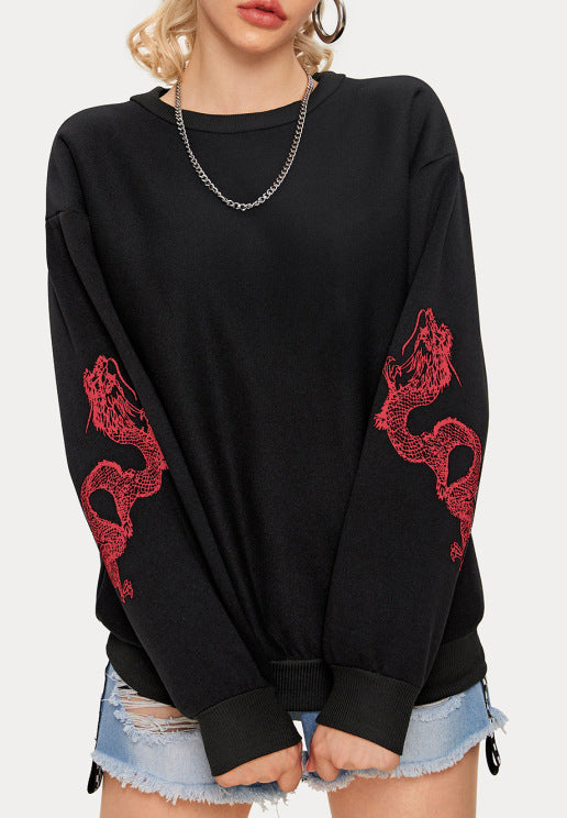 Damen Oversize Sweatshirt mit Drachenprint an Ärmeln und Rundhalsausschnitt EB