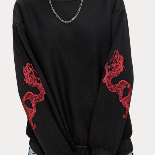 Damen Oversize Sweatshirt mit Drachenprint an Ärmeln und Rundhalsausschnitt EB