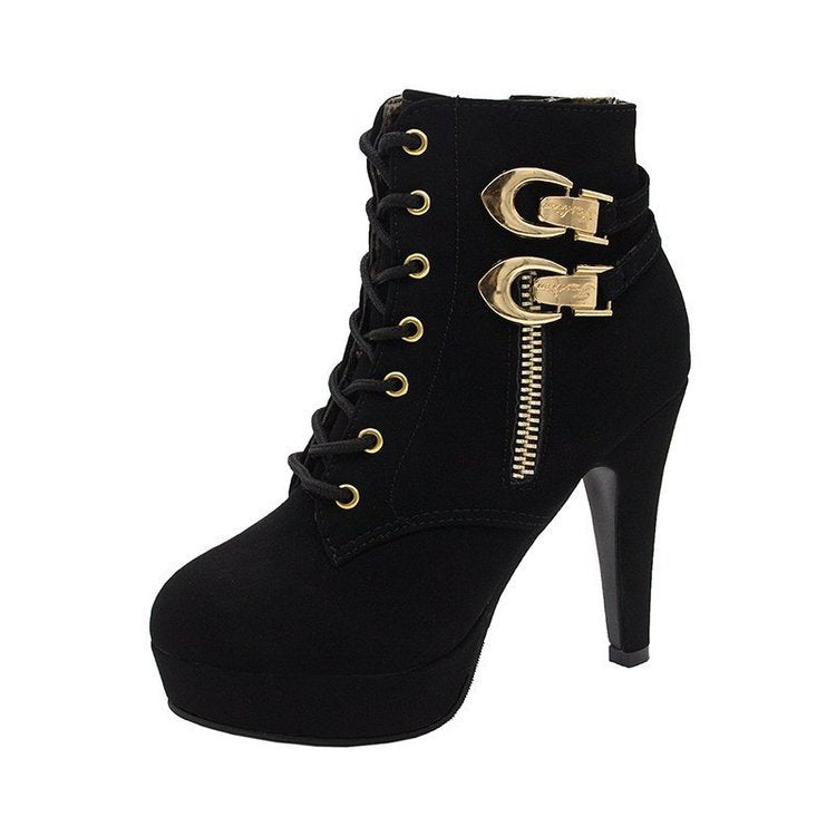 Damen Fashionable High-Heel Stiefeletten mit Dekorativen Schnallen und Reißverschluss EB