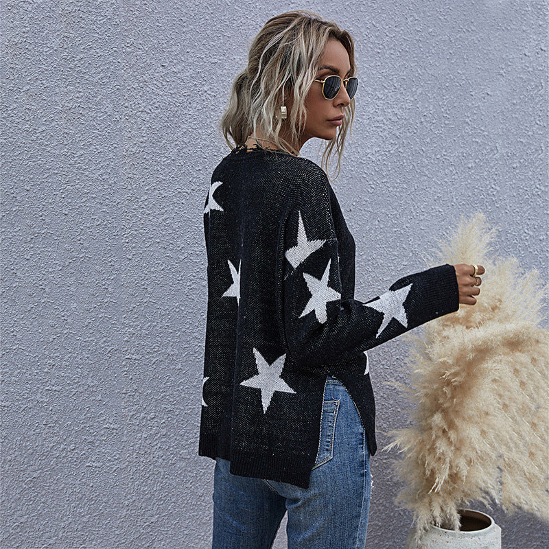 Damen Strickpullover mit Sternen-Design und V-Ausschnitt EB