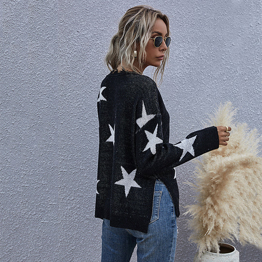 Damen Strickpullover mit Sternen-Design und V-Ausschnitt EB