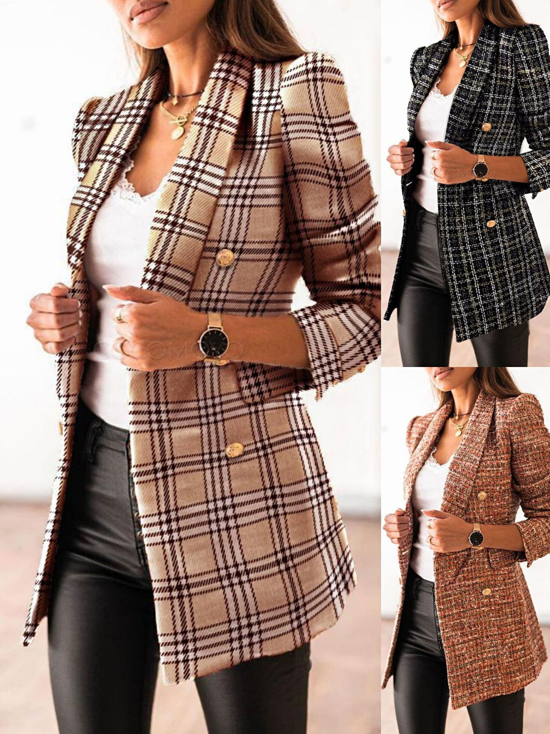 Damen modischer Tweedblazer mit doppelter Knopfleiste und Schulterpolstern EB