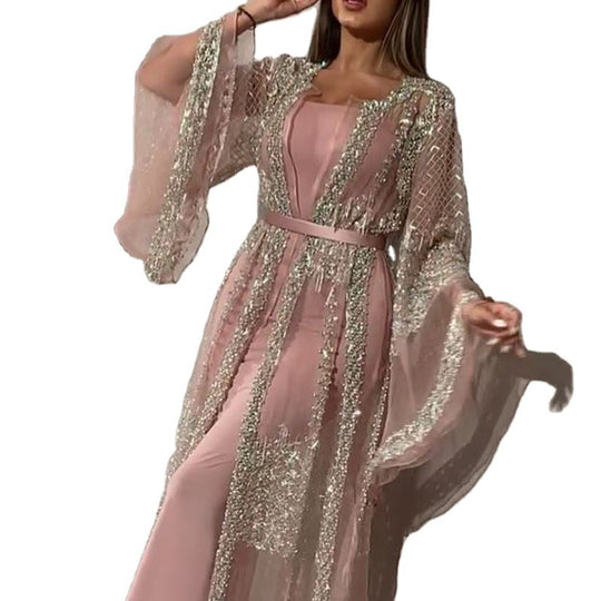 Damen Elegante Kaftan Robe aus transparentem Stoff mit aufwendigen Verzierungen EB