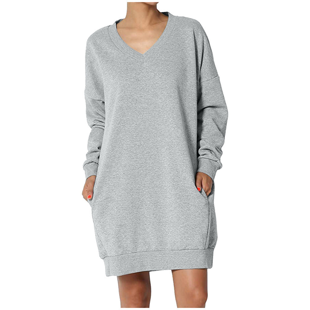 Damen Sweatshirt-Kleid mit V-Ausschnitt und praktischem Taschen-Design EB
