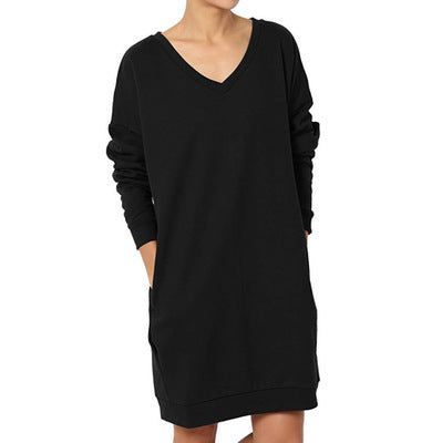 Damen Sweatshirt-Kleid mit V-Ausschnitt und praktischem Taschen-Design EB