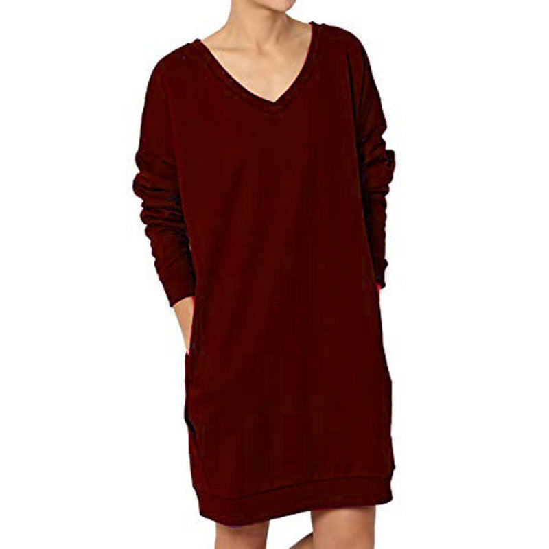 Damen Sweatshirt-Kleid mit V-Ausschnitt und praktischem Taschen-Design EB