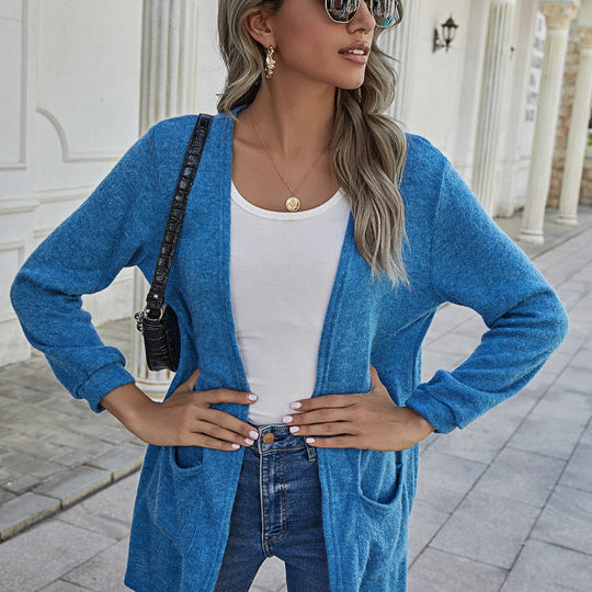 Damen Langer Offener Strickcardigan mit aufgesetzten Taschen und lässigem Fall EB