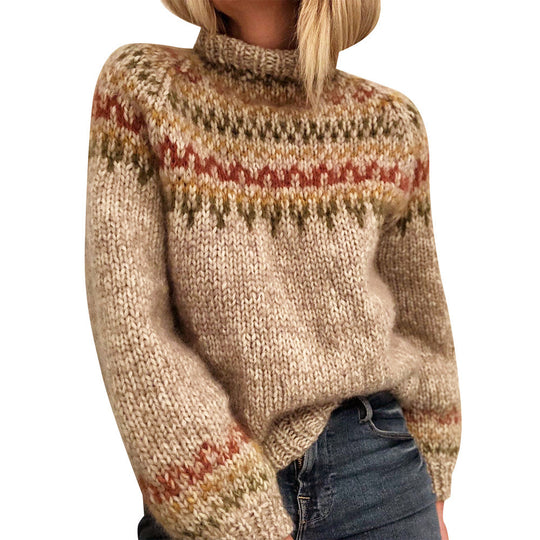 Damen Grober Strickpullover mit hohem Kragen und einzigartigem Muster EB