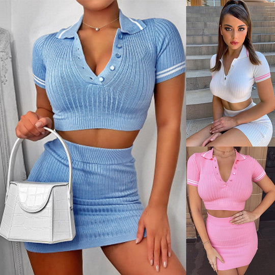 Damen modisches Crop-Top und Mini-Rock Set mit feinem Rippdesign EB