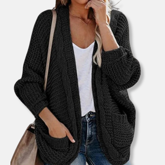 EB | Woll Übergroßer Cardigan Gerippter Offener Fronttaschen Cardigan