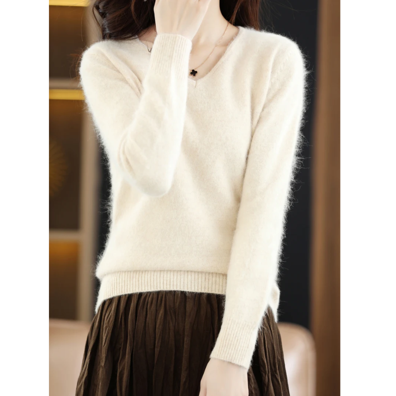 EB | Pullover Damen V-ausschnitt Leichter und Weicher Strickpullover
