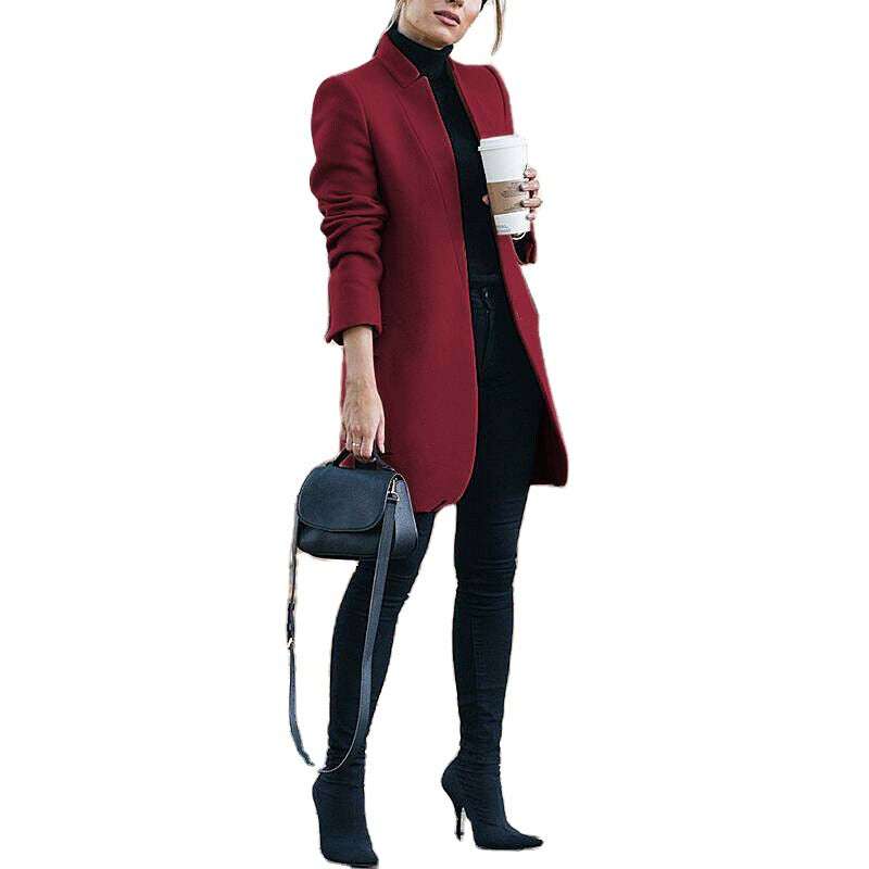 Damen nan eleganter knielanger Wollmix Mantel mit Stehkragen EB