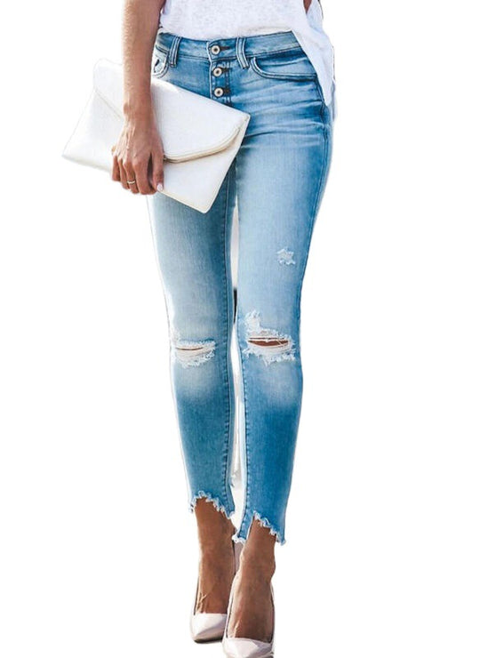 Damen hochgeschnittene Ripped Jeans im modernen Design mit Knopfleiste EB