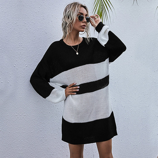 Damen Oversize-Strickkleid mit modischem Streifenmuster EB