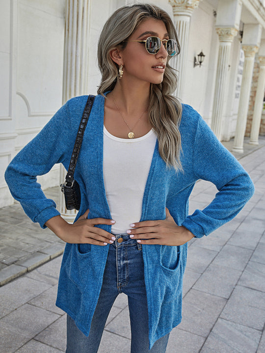 Damen Langer Offener Strickcardigan mit aufgesetzten Taschen und lässigem Fall EB