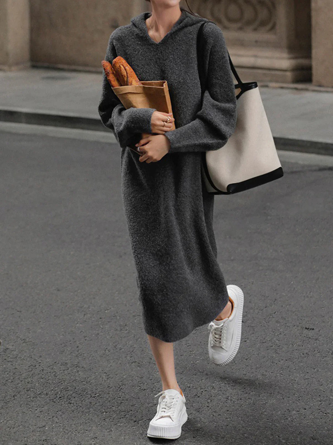EB | Woll - Kapuzen - Strick - Midi - Kleid
