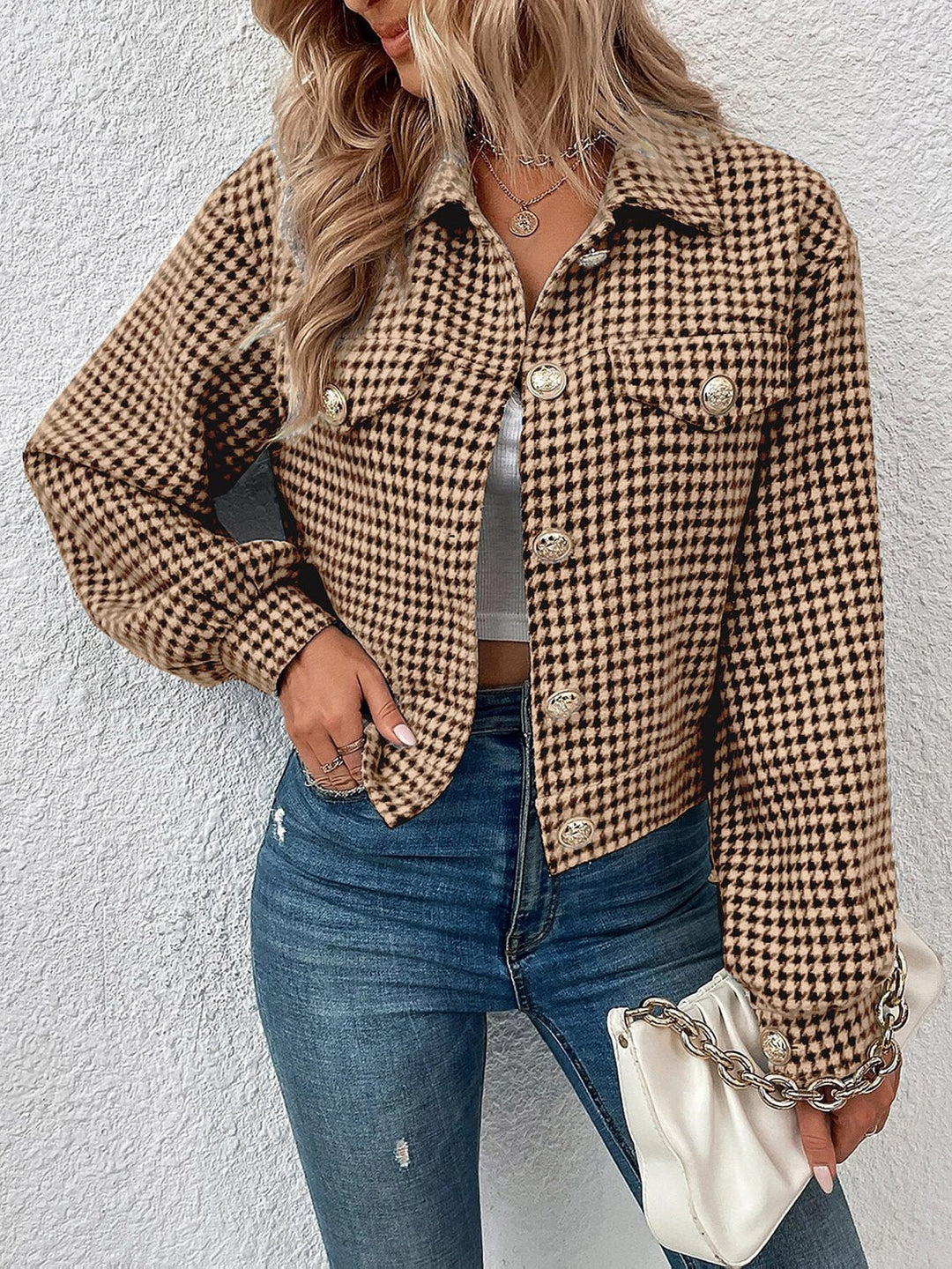 EB | Kurze Jacke mit Hahnentritt-muster Knopfverschluss Schick und Klassischer Stil