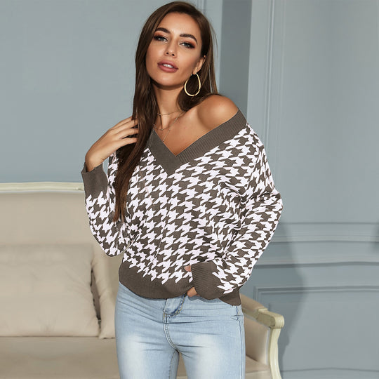 Damen Oversized Pullover mit modernem Hahnentrittmuster und tiefem V-Ausschnitt EB