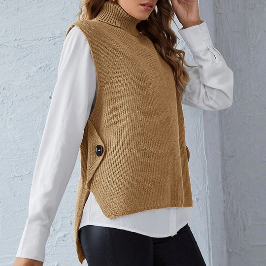 Damen ärmellose Strickjacke mit hohem Kragen und Knopfdetails EB