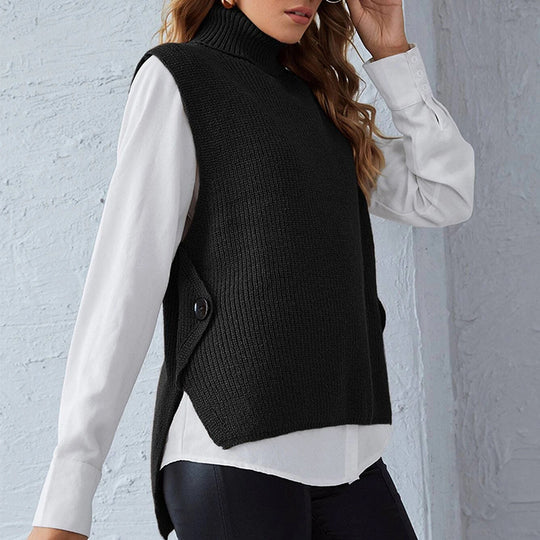 Damen ärmellose Strickjacke mit hohem Kragen und Knopfdetails EB