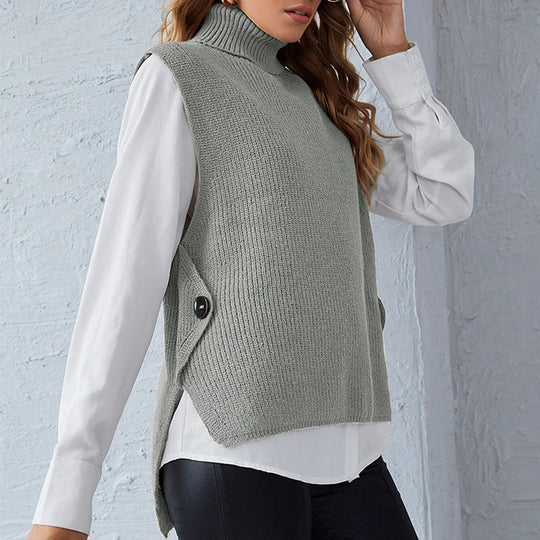 Damen ärmellose Strickjacke mit hohem Kragen und Knopfdetails EB