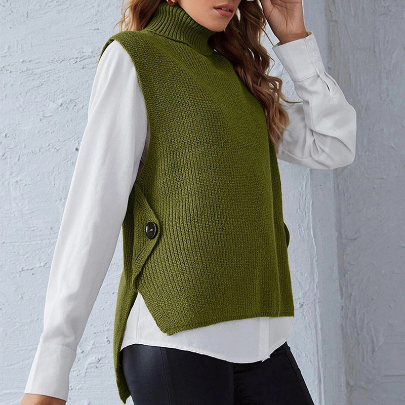 Damen ärmellose Strickjacke mit hohem Kragen und Knopfdetails EB
