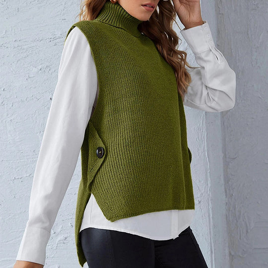 Damen ärmellose Strickjacke mit hohem Kragen und Knopfdetails EB