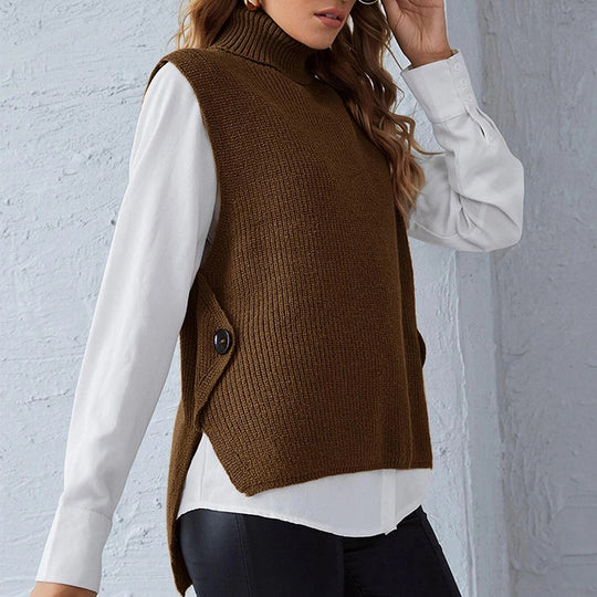 Damen ärmellose Strickjacke mit hohem Kragen und Knopfdetails EB
