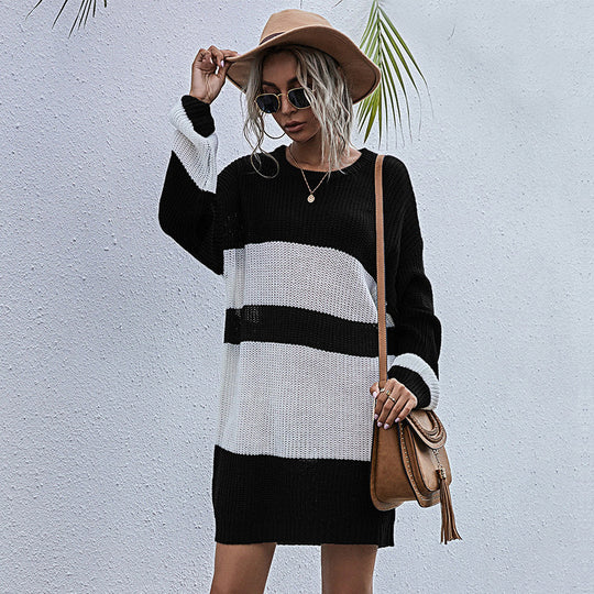 Damen Oversize-Strickkleid mit modischem Streifenmuster EB